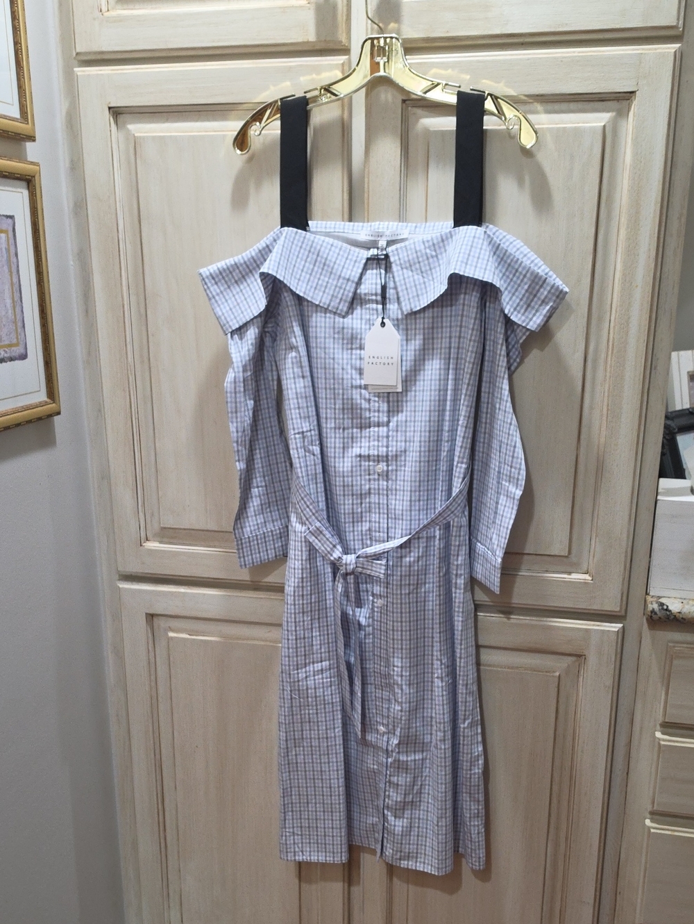 English Factory Blue and White Plaid Off-Shoulder Shirt Dress $140